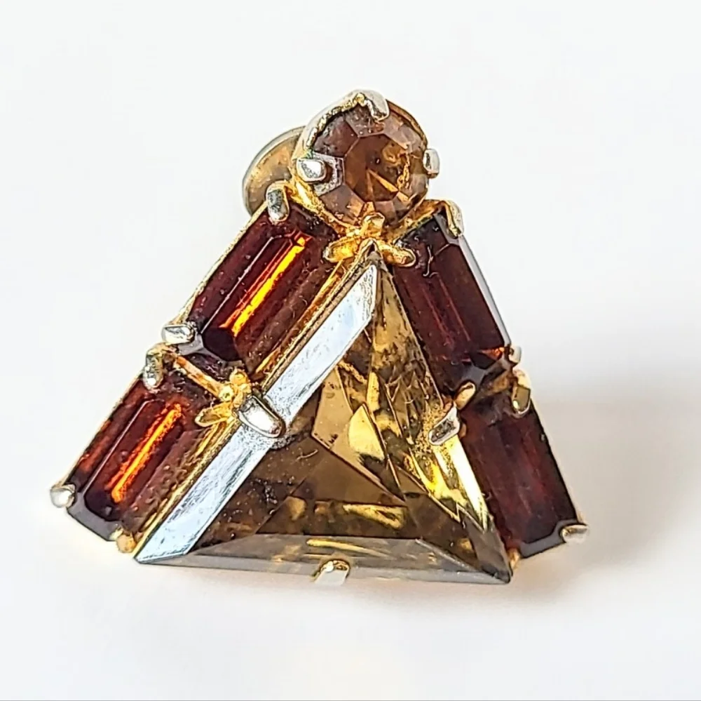 Art Deco Cognac Triangular Crystal Clip Earrings - Vintage Earth Tone Colors